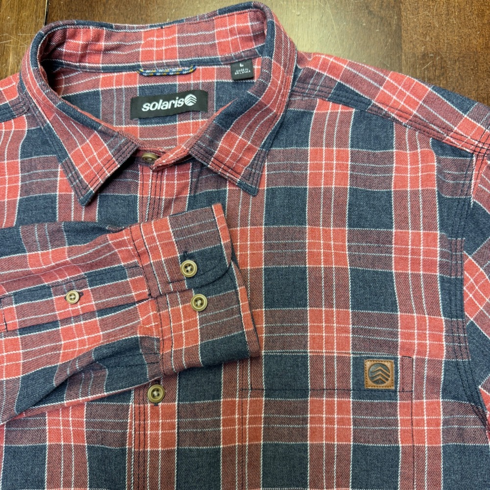 Solaris‎ Mens Plaid Long Sleeve Button Down Shirt with Red Navy Size L